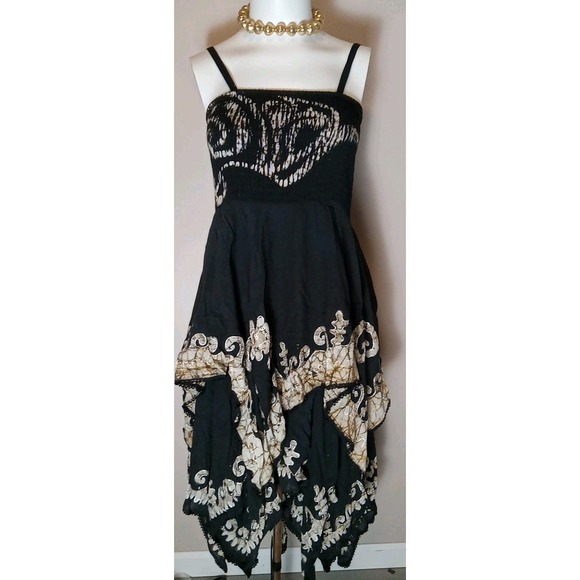 Sakkas Batik Smocked Bodice Handkerchief Hem Black Tan Dress One Size - Picture 2 of 5